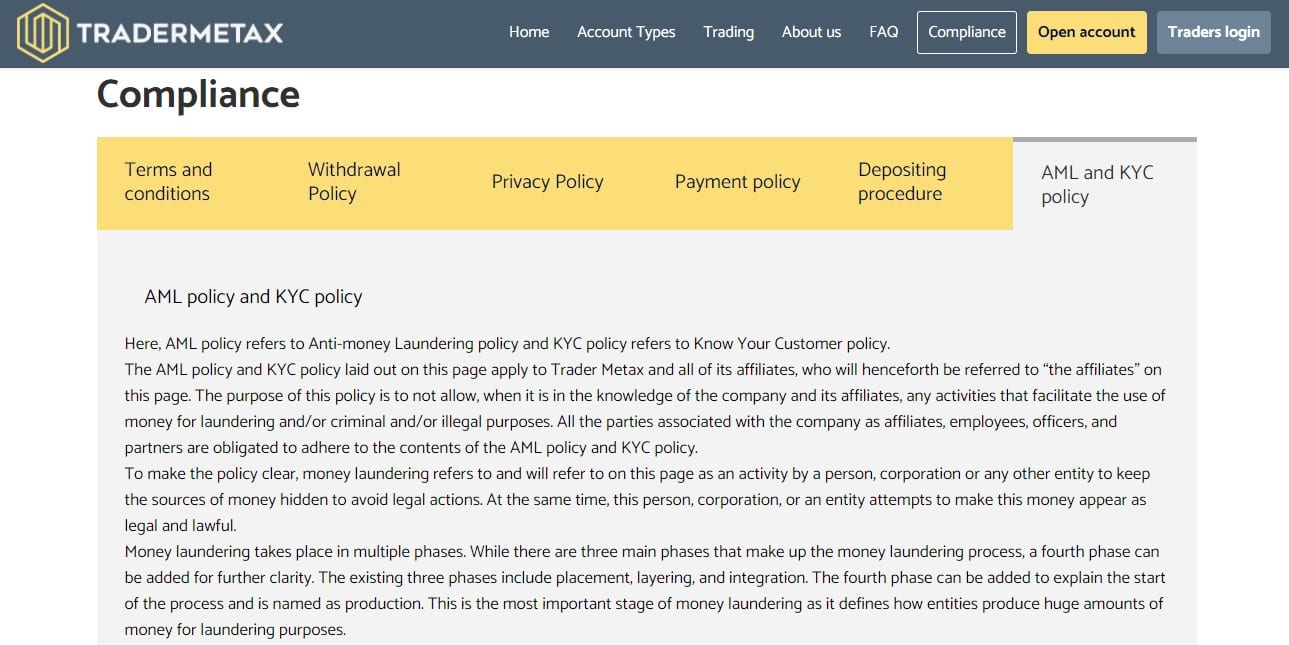 TraderMetax AML compliance