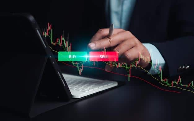 An illustration of market candlesticks and “buy” and “sell” buttons